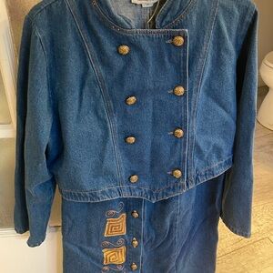 Blue Denim Double-Breasted Jacket with Gold Accents